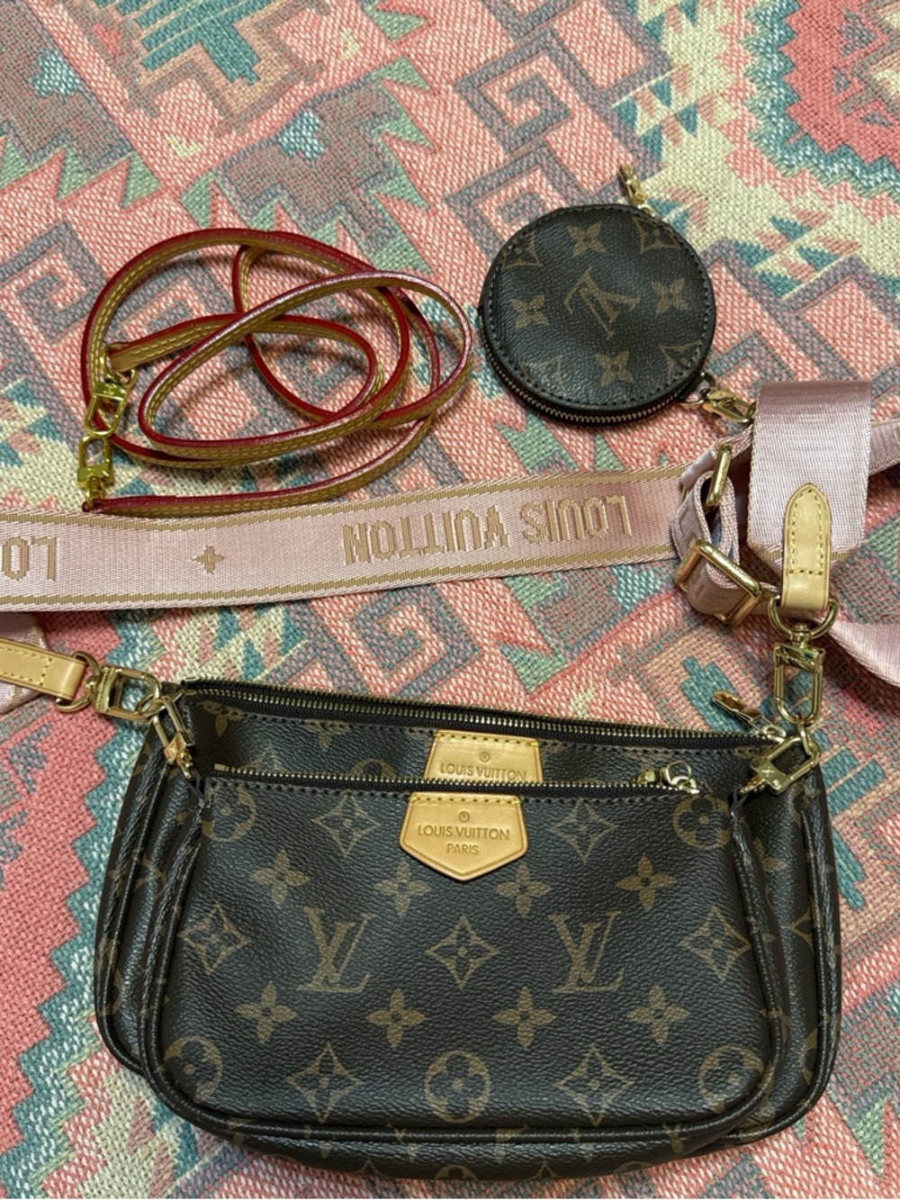 Fashion Brand Company Brown Monogram Triple Pouch Crossbody with Pink Strap